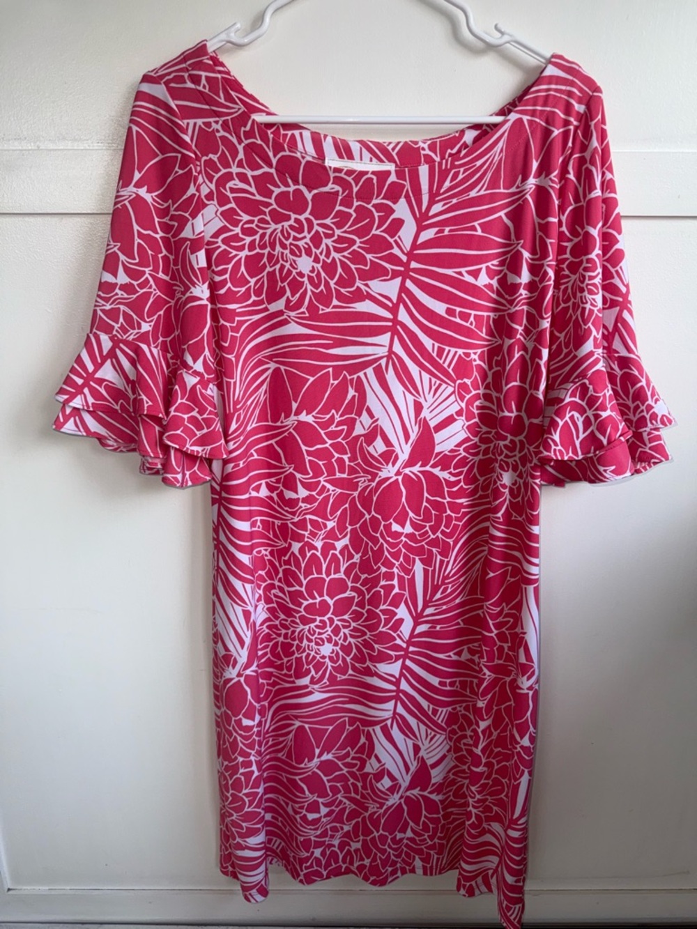 Pappagallo Erika Dress Ruffle Flare Sleeve Shift Dress Sz Large Pink Resortwear